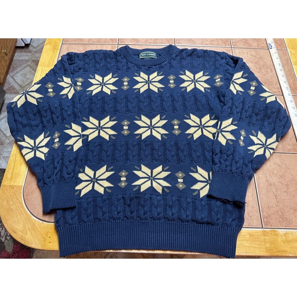 Vtg Croft & Barrow‎ Cable Knit Sweater Mens Sz Small Blue Snowflakes Grandpacore
